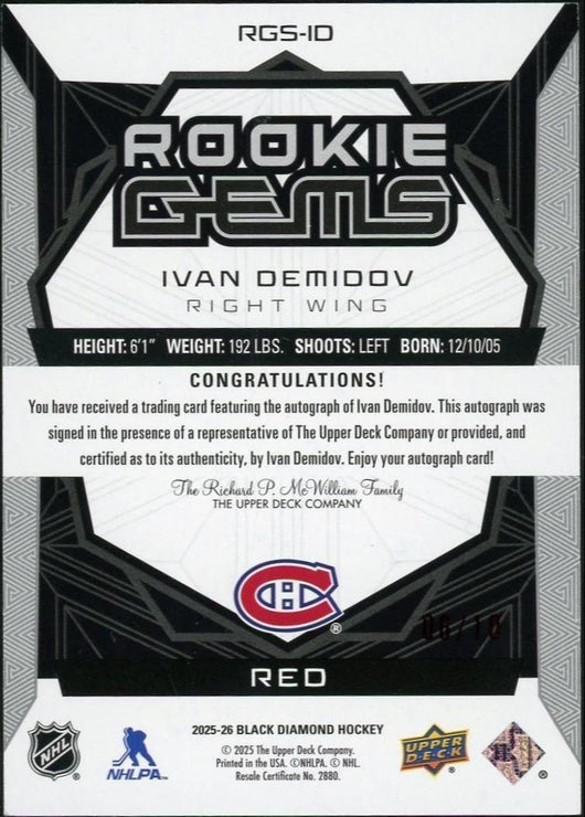 2025 Black Diamond RGS-ID Ivan Demidov Rookie Gems Auto Red /10