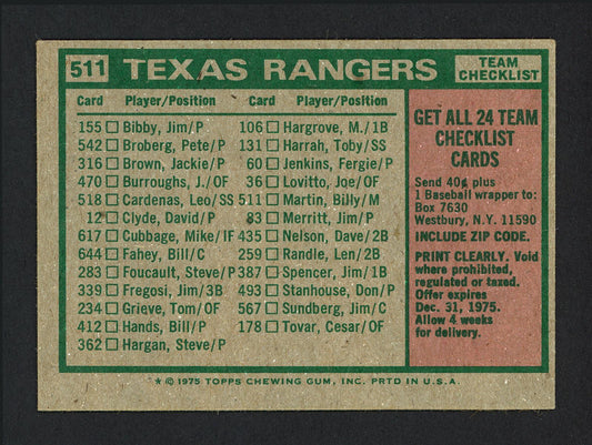 Merrill "Merl" Combs Autographed 1975 Topps Card #511 Texas Rangers SKU #162268