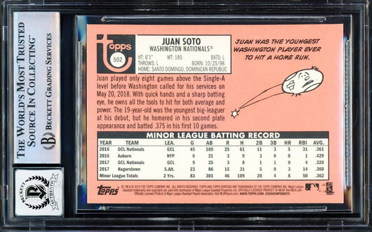 Juan Soto Autographed 2018 Topps Heritage Rookie Card #502 Washington Nationals Auto Grade Gem Mint 10 Beckett BAS Stock #205934