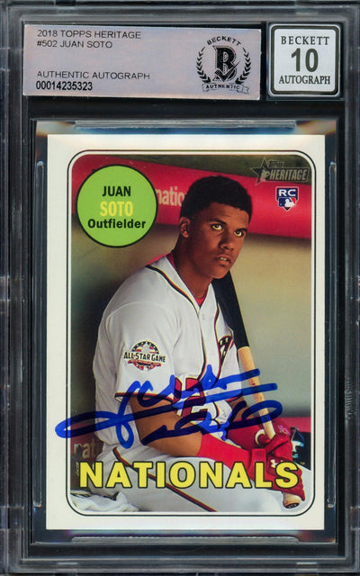 Juan Soto Autographed 2018 Topps Heritage Rookie Card #502 Washington Nationals Auto Grade Gem Mint 10 (Off Center) Beckett BAS #14235323