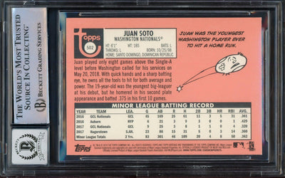 Juan Soto Autographed 2018 Topps Heritage Rookie Card #502 Washington Nationals Auto Grade Gem Mint 10 (Off Center) Beckett BAS #14235323