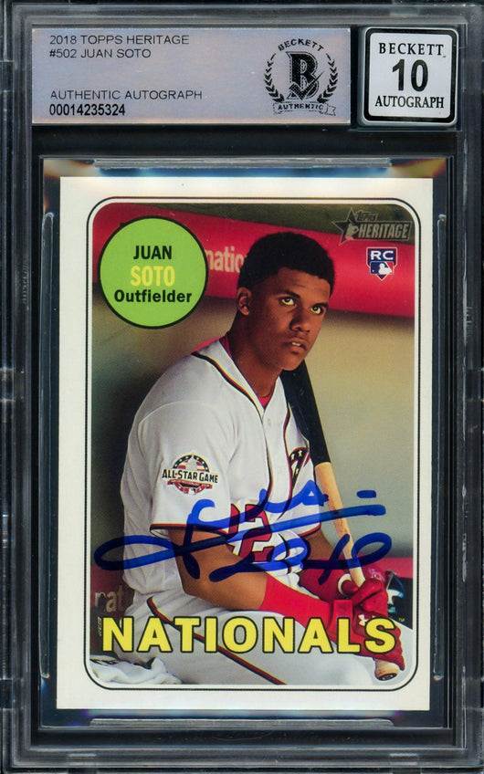 Juan Soto Autographed 2018 Topps Heritage Rookie Card #502 Washington Nationals Auto Grade Gem Mint 10 (Off Center) Beckett BAS #14235324