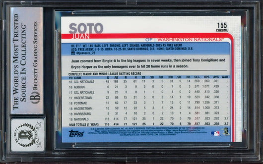 Juan Soto Autographed 2019 Topps Chrome Card #155 Washington Nationals Auto Grade Gem Mint 10 Beckett BAS #14235343