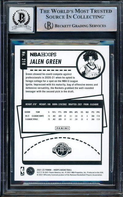 Jalen Green Autographed 2021-22 NBA Hoops Blue Rookie Card #218 Houston Rockets Auto Grade Gem Mint 10 Beckett BAS Stock #205952