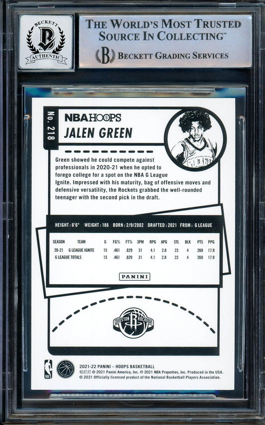 Jalen Green Autographed 2021-22 NBA Hoops Blue Rookie Card #218 Houston Rockets Auto Grade Gem Mint 10 Beckett BAS Stock #205952