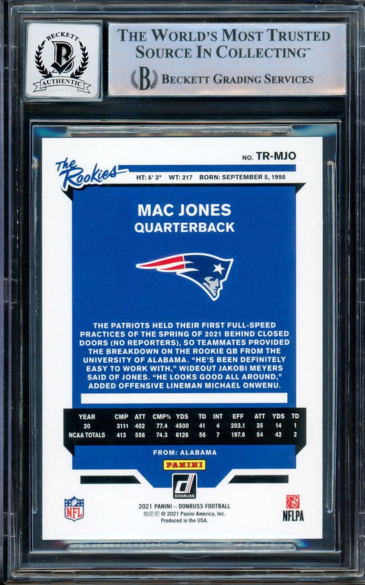 Mac Jones Autographed 2021 Panini Donruss The Rookies Rookie Card #TR-MJO New England Patriots Auto Grade Gem Mint 10 Beckett BAS Stock #205972