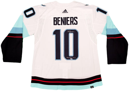 Seattle Kraken Matty Beniers Autographed White Adidas Authentic Jersey Size 54 With Inaugural Patch "NHL Debut" Fanatics Holo Stock #206011