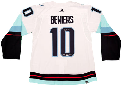 Seattle Kraken Matty Beniers Autographed White Adidas Authentic Jersey Size 54 With Inaugural Patch "NHL Debut" Fanatics Holo Stock #206011