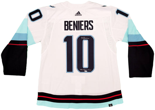 Seattle Kraken Matty Beniers Autographed White Adidas Authentic Jersey Size 54 With Inaugural Patch "NHL Debut" Fanatics Holo Stock #206011