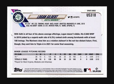 Logan Gilbert Autographed 2021 Topps Update Rookie Card #US318 Seattle Mariners Stock #206032