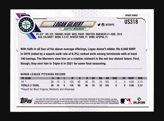 Logan Gilbert Autographed 2021 Topps Update Rookie Card #US318 Seattle Mariners Stock #206032