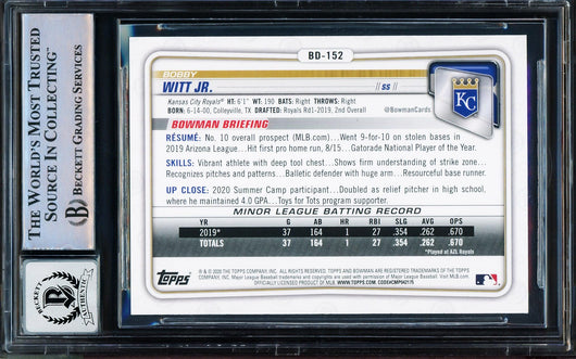 Bobby Witt Jr. Autographed 2020 Bowman Draft Rookie Card #BD-152 Kansas City Royals Auto Grade Gem Mint 10 Beckett BAS Stock #206065
