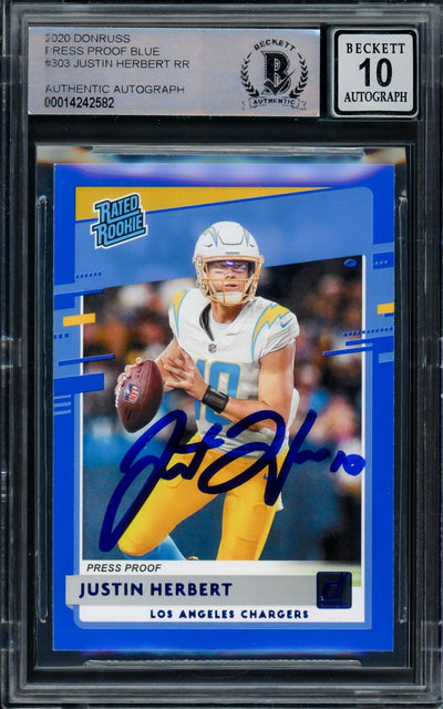 Justin Herbert Autographed 2020 Donruss Rated Rookie Blue Press Proof Rookie Card #303 Los Angeles Chargers Auto Grade Gem Mint 10 Beckett BAS #14242582