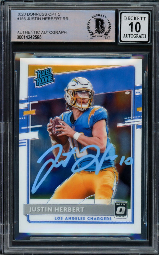 Justin Herbert Autographed 2020 Donruss Optic Rated Rookie Prizm Rookie Card #153 Los Angeles Chargers Auto Grade Gem Mint 10 Beckett BAS #14242585