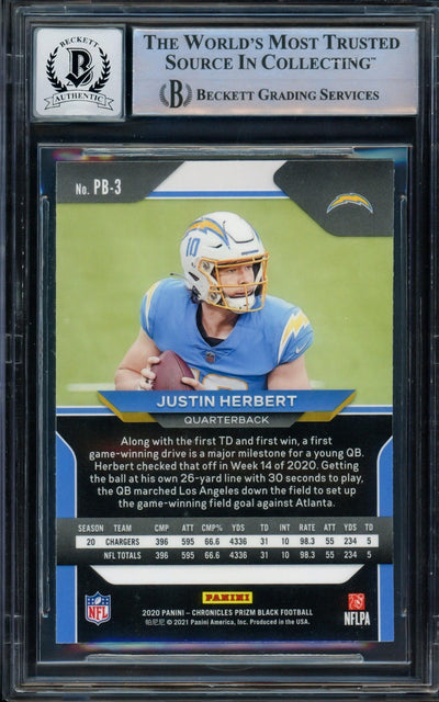 Justin Herbert Autographed 2020 Panini Prizm Black Rookie Card #PB-3 Los Angeles Chargers Auto Grade Gem Mint 10 Beckett BAS #14242611