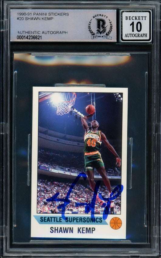 Shawn Kemp Autographed 1990 Panini Sticker Rookie Card #20 Seattle Super Sonics Auto Grade Gem Mint 10 Beckett BAS Stock #206100