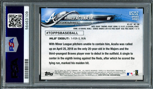 Ronald Acuna Jr. Autographed 2018 Topps Update Rookie Card #US252 Atlanta Braves PSA 8 Auto Grade Gem Mint 10 PSA/DNA #56463109