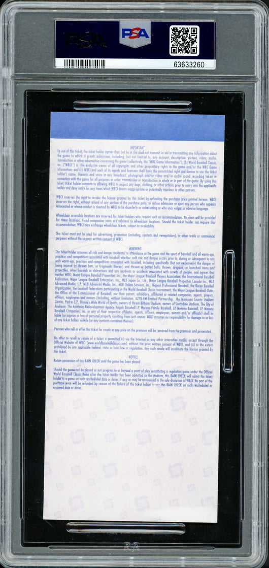Ichiro Suzuki Autographed 2006 WBC Final Game Ticket Seattle Mariners PSA 8 Auto Grade Gem Mint 10 "06 WBC Champs" PSA/DNA #63633260