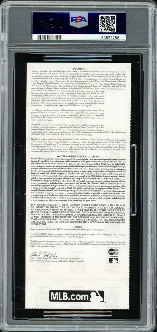 Ichiro Suzuki Autographed 2007 All Star Game Ticket Seattle Mariners PSA 8 Auto Grade Mint 9 "MVP" PSA/DNA #63633258