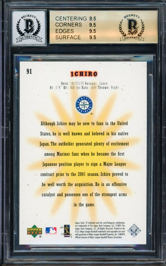 Ichiro Suzuki Autographed 2001 SP Authentic Rookie Card #91 Seattle Mariners BGS 9.5 Auto Grade Gem Mint 10 "01 ROY/MVP" #299/1250 Beckett BAS #14323684