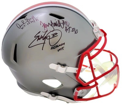 Archie Griffin, Eddie George & Troy Smith Autographed Ohio State Buckeyes Flash Gray Full Size Replica Speed Helmet "Heisman" Beckett BAS QR Stock #203900
