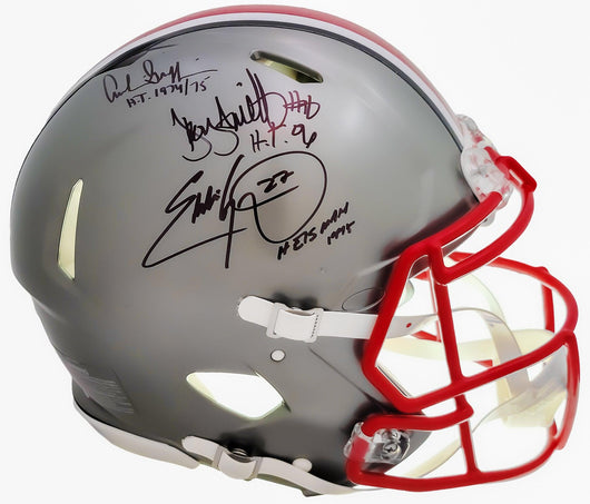 Archie Griffin, Eddie George & Troy Smith Autographed Ohio State Buckeyes Flash Gray Full Size Authentic Speed Helmet "Heisman" Beckett BAS QR Stock #203902