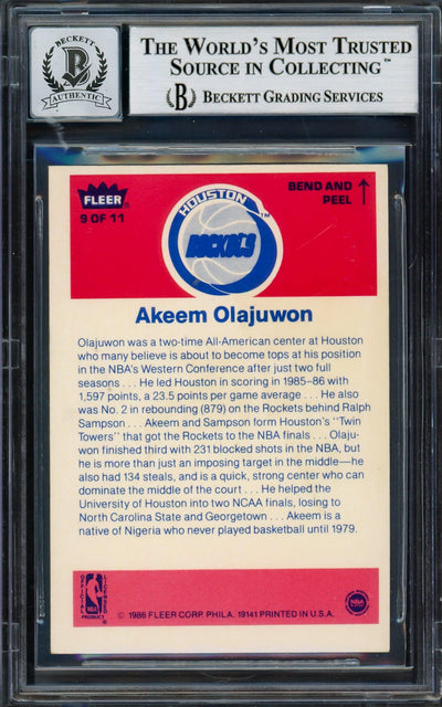 Hakeem Olajuwon Autographed 1986-87 Fleer Stickers Rookie Card #9 Houston Rockets Auto Grade Gem Mint 10 Beckett BAS #14127438