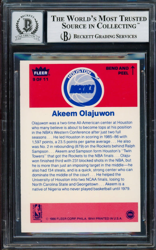 Hakeem Olajuwon Autographed 1986-87 Fleer Stickers Rookie Card #9 Houston Rockets Auto Grade Gem Mint 10 Beckett BAS #14127432