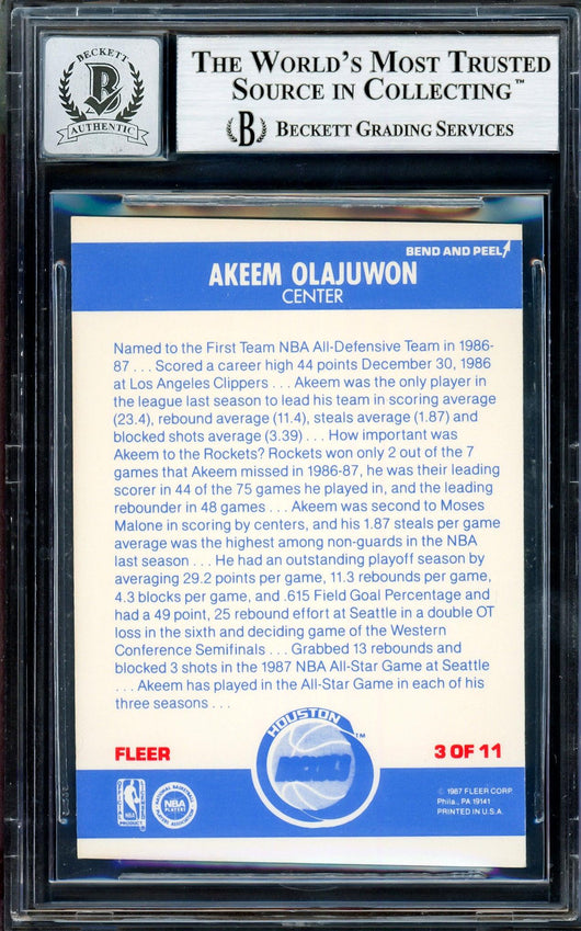 Hakeem Olajuwon Autographed 1987-88 Fleer Stickers Card #3 Houston Rockets Auto Grade Gem Mint 10 Beckett BAS Stock #205733