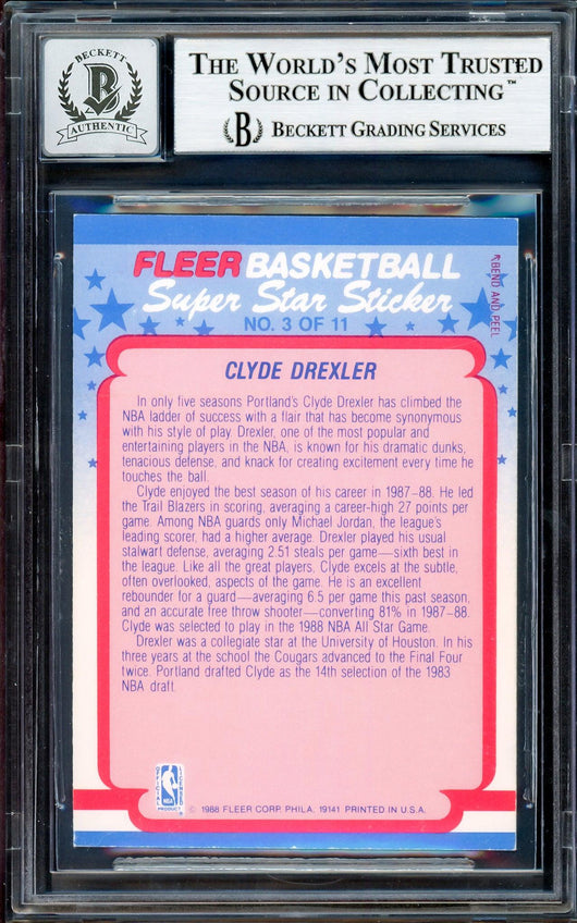 Clyde Drexler Autographed 1988-89 Fleer Stickers Card #3 Portland Trail Blazers Auto Grade Gem Mint 10 Beckett BAS Stock #205735