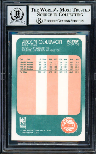 Hakeem Olajuwon Autographed 1988-89 Fleer Card #53 Houston Rockets Auto Grade Gem Mint 10 Beckett BAS Stock #205736