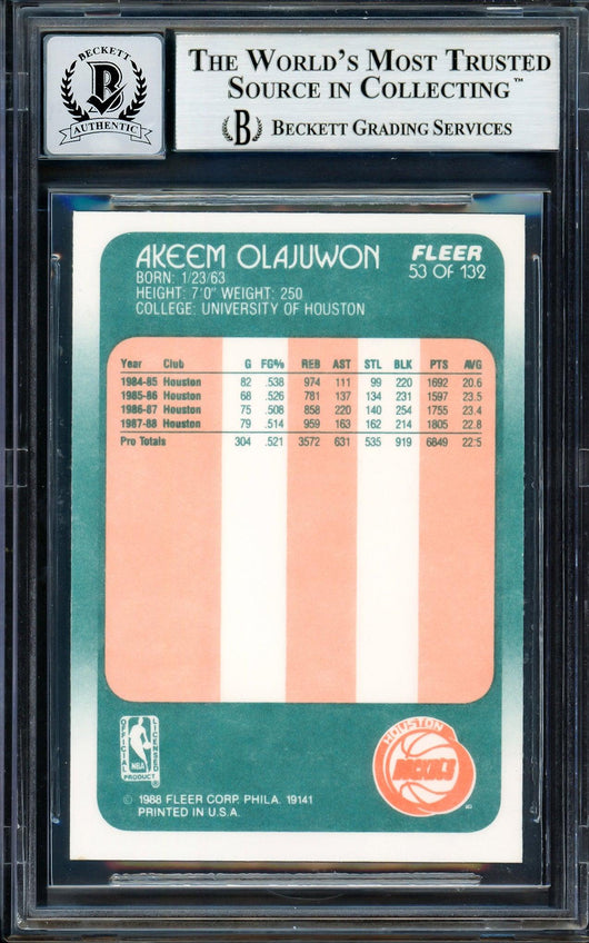 Hakeem Olajuwon Autographed 1988-89 Fleer Card #53 Houston Rockets Auto Grade Gem Mint 10 Beckett BAS Stock #205736