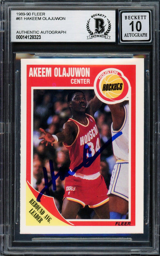 Hakeem Olajuwon Autographed 1989-90 Fleer Card #61 Houston Rockets Auto Grade Gem Mint 10 Beckett BAS #14128323