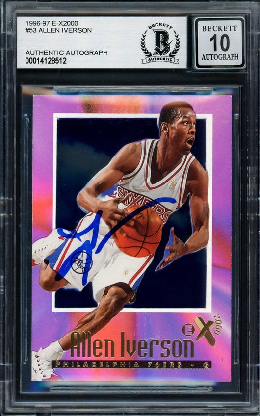 Allen Iverson Autographed 1996-97 Skybox E-X 2000 Rookie Card #53 Philadelphia 76ers Auto Grade Gem Mint 10 Beckett BAS #14128512
