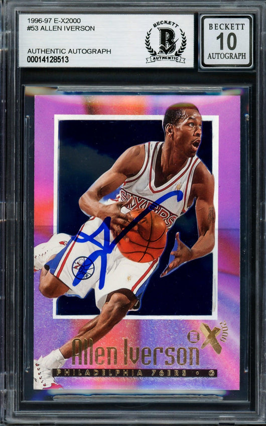 Allen Iverson Autographed 1996-97 Skybox E-X 2000 Rookie Card #53 Philadelphia 76ers Auto Grade Gem Mint 10 Beckett BAS #14128513