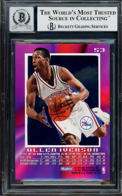 Allen Iverson Autographed 1996-97 Skybox E-X 2000 Rookie Card #53 Philadelphia 76ers Auto Grade Gem Mint 10 Beckett BAS #14128513