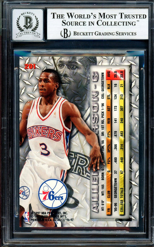 Allen Iverson Autographed 1996-97 Fleer Metal Rookie Card #201 Philadelphia 76ers Auto Grade Gem Mint 10 Beckett BAS Stock #205769