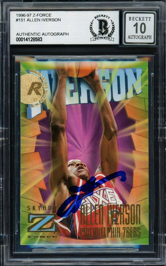 Allen Iverson Autographed 1996-97 Skybox Z Force Rookie Card #151 Philadelphia 76ers Auto Grade Gem Mint 10 Beckett BAS #14128583