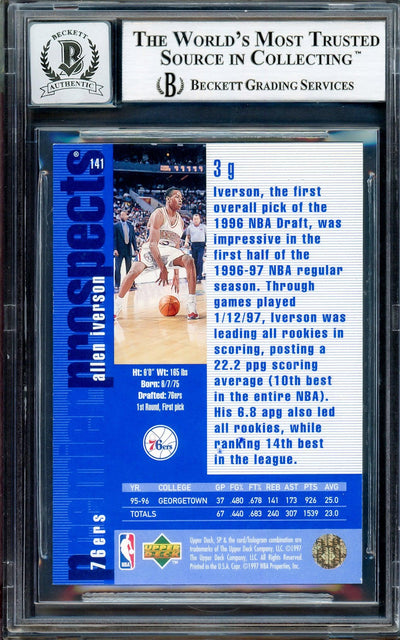 Allen Iverson Autographed 1996-97 SP Authentic Rookie Card #141 Philadelphia 76ers Auto Grade Gem Mint 10 Beckett BAS Stock #205793