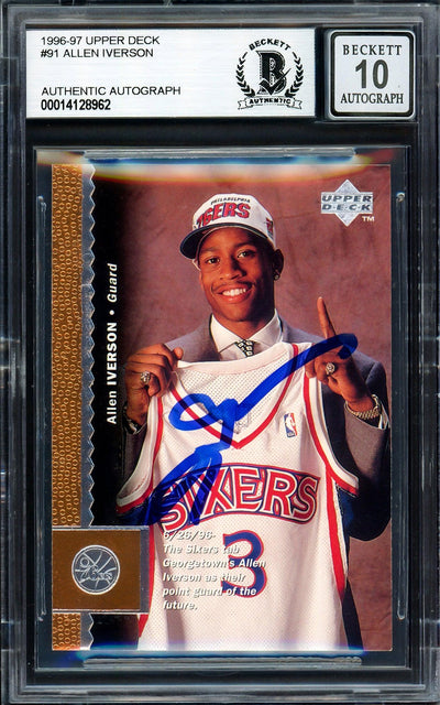 Allen Iverson Autographed 1996-97 Upper Deck Rookie Card #91 Philadelphia 76ers Auto Grade Gem Mint 10 Beckett BAS Stock #205794