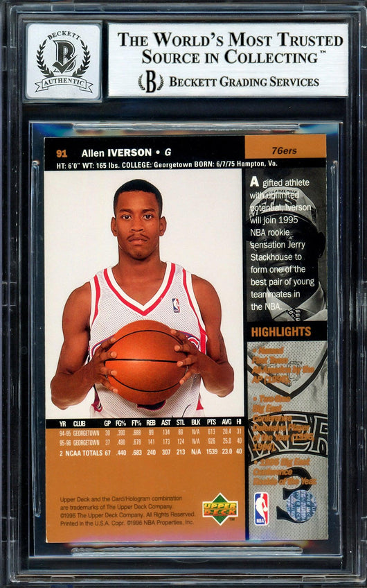 Allen Iverson Autographed 1996-97 Upper Deck Rookie Card #91 Philadelphia 76ers Auto Grade Gem Mint 10 Beckett BAS Stock #205794