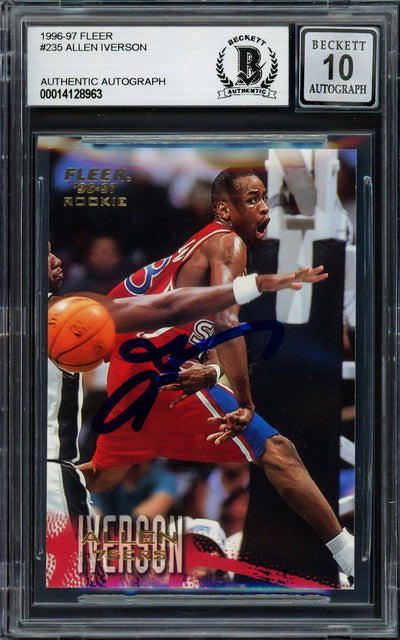 Allen Iverson Autographed 1996-97 Fleer Rookie Card #235 Philadelphia 76ers Auto Grade Gem Mint 10 Beckett BAS #14128963