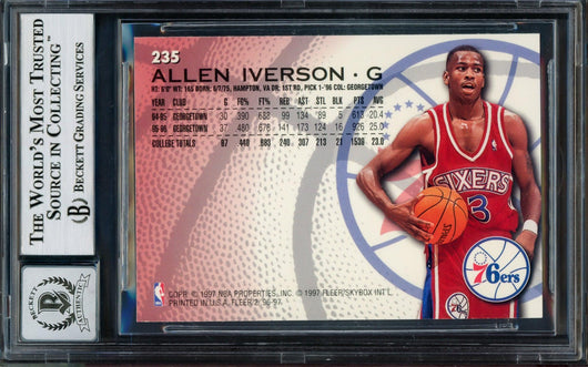 Allen Iverson Autographed 1996-97 Fleer Rookie Card #235 Philadelphia 76ers Auto Grade Gem Mint 10 Beckett BAS #14128965