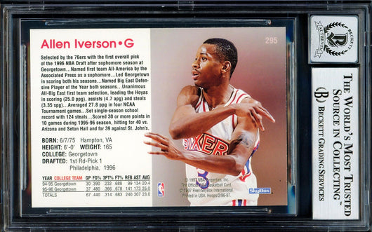 Allen Iverson Autographed 1996-97 Hoops Rookie Card #295 Philadelphia 76ers Auto Grade Gem Mint 10 Beckett BAS Stock #205798