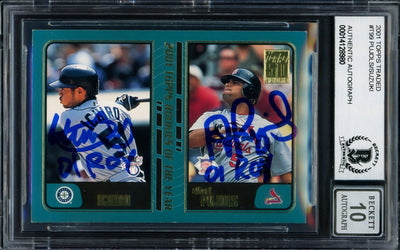 Albert Pujols & Ichiro Suzuki Autographed 2001 Topps Traded Rookie Card #T99 Auto Grade Gem Mint 10 "01 ROY" Beckett BAS #14128980