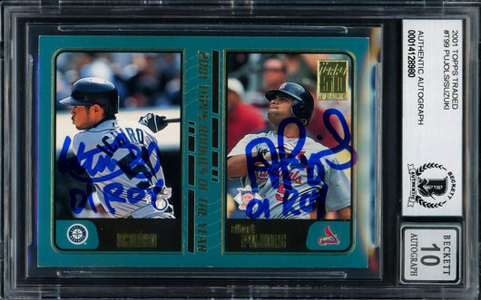 Albert Pujols & Ichiro Suzuki Autographed 2001 Topps Traded Rookie Card #T99 Auto Grade Gem Mint 10 "01 ROY" Beckett BAS #14128980