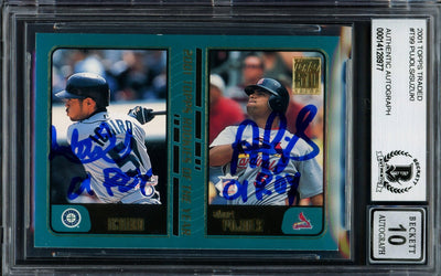 Albert Pujols & Ichiro Suzuki Autographed 2001 Topps Traded Rookie Card #T99 Auto Grade Gem Mint 10 "01 ROY" Beckett BAS #14128977