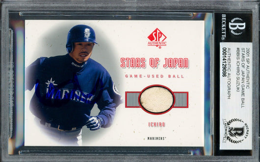 Ichiro Suzuki Autographed 2001 SP Authentic Stars of Japan Game Used Ball Rookie Card #BB-IS Seattle Mariners Auto Grade Gem Mint 10 Beckett BAS #14129086