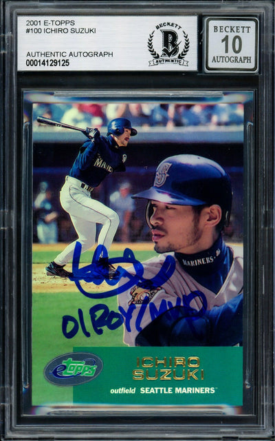 Ichiro Suzuki Autographed 2001 eTopps Rookie Card #100 Seattle Mariners Auto Grade Gem Mint 10 01 ROY/MVP Beckett BAS #14129125