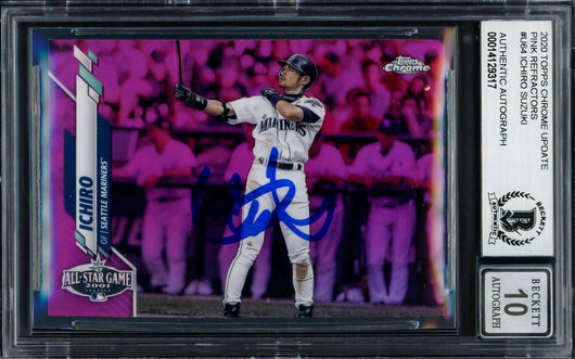 Ichiro Suzuki Autographed 2020 Topps Chrome Update Pink Refractor Card #U-64 Seattle Mariners Auto Grade Gem Mint 10 Beckett BAS #14129317